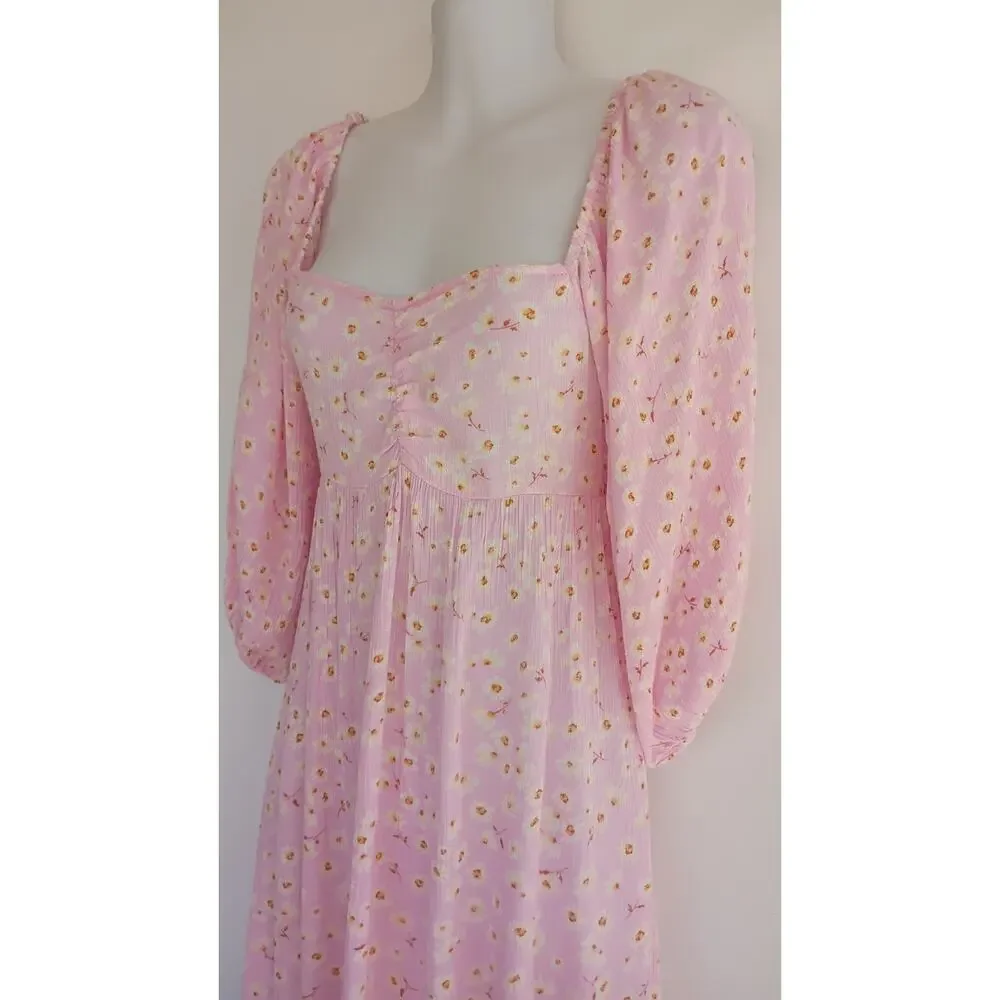 BillaBong Swept Away Midi Dress Pink Floral Puff Sleeve Smocked Cottagecore M - Picture 10 of 16